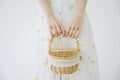 Woman holding picnic basket isolate over white background Royalty Free Stock Photo