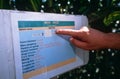 Crop information sign on a farm, Kosovo.