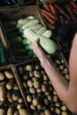 Crop person buying vegetables