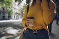 Crop photo of young casual female hipster callin