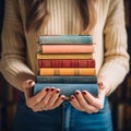 Crop unrecognizable female student in casual clothes holding books in hands while standing Royalty Free Stock Photo