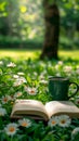 Morning leisure in garden coffee, book, flowers on lush lawn