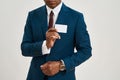 Cropped of black businessman showing business card Royalty Free Stock Photo