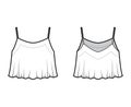 Cropped camisole top technical fashion illustration with scoop neck, flare hem, loose silhouette, straps, outwear tank
