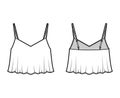 Cropped camisole top technical fashion illustration with sweetheart neck, flare hem, loose silhouette, adjustable straps