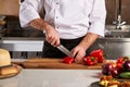 cropped chef man cutting fresh bell pepper using knife on wooden cutting board