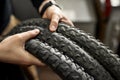 Cropped of girl hands holding new three bike tires Royalty Free Stock Photo