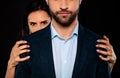 Cropped close up photo amazing pair classy she her dictator puppeteer he him his doll puppet obedient macho waiting Royalty Free Stock Photo