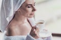 Cropped close up photo of attractive pretty woman drink aromatic espresso coffee after spa resort bath at home Royalty Free Stock Photo