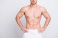 Cropped close up photo of shirtless tempting muscular attra Royalty Free Stock Photo