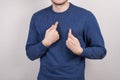 Cropped close-up picture photo portrait of unsure uncertain terrified having problem guy pointing on himself isolated grey