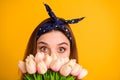 Cropped close-up portrait of her she nice attractive lovely funny straight-haired girl florist hiding behind fresh pink