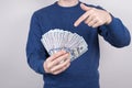 Cropped close-up studio photo of confident luck lucky student demonstrating lot of money getting salary for part time job isolated