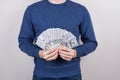 Cropped close up studio photo of satisfied guy knows how to make money isolated grey background Royalty Free Stock Photo