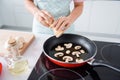 Cropped close-up view of her she nice hands girl making fresh useful domestic meal lunch cuisine using pepper spices