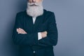 Cropped close-up view portrait of his he nice attractive content calm gray-haired man wearing tux professor folded arms Royalty Free Stock Photo