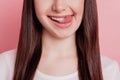 Cropped close-up view portrait of nice attractive lovely cheerful woman lick lips tongue yummy isolated over pink color