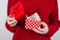 Cropped closeup photo of lucky leader successful student getting big money from little box grey background