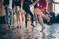 Cropped closeup photo of slim perfect legs girls guys meeting rejoicing dance floor x-mas party glitter flying wear