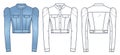 Cropped Denim Jacket technical fashion illusrtation. Puff Sleeve Jacket fashion flat technical drawing template.