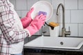 cropped female hands in pink protective rubber gloves washing white plate with purple cleaning sponge Royalty Free Stock Photo