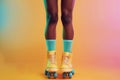 cropped female legs in rollerskates isolated on bright plain background in studio, female wearing roller blades on Royalty Free Stock Photo