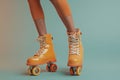 cropped female legs in rollerskates isolated on bright plain background in studio, female wearing roller blades on Royalty Free Stock Photo