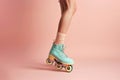 cropped female legs in rollerskates isolated on bright plain background in studio, female wearing roller blades on Royalty Free Stock Photo