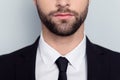 Cropped half-faced portrait of serious concentrated smart confident dreamy elegant thoughtful minded official handsome bearded