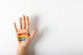 Cropped hand of caucasian person with rainbow flag paint on palm against white background