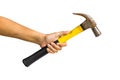 Cropped of a hand holding iron hammer isolated on white background include clipping path