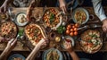 Cropped hands of friends having food at table Generative AI