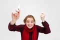 Cropped horizontal portrait of young excited Caucasian girl feeling better after illness, recovering from a cold