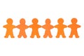 Cropped human chain of orange wooden figures against white background