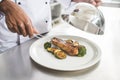 cropped image of african american chef putting steak on plate