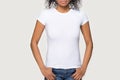 Cropped image african female wearing white t-shirt and jeans