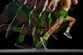 Cropped image of athletic, muscular, shirtless man in motion, running against black background with stroboscope effect.