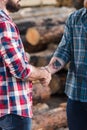 cropped image of bearded lumberjacks shaking hands