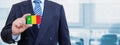 Cropped image of businessman holding plastic credit card with printed flag of Mali. Background blurred