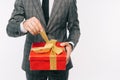 cropped image of businessman opening gift box Royalty Free Stock Photo
