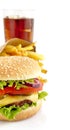 Cropped image of cheeseburger, french fries,glass of cola isolat Royalty Free Stock Photo