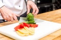 cropped image of chef cutting colored