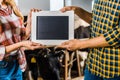 cropped image of farmers showing blackboard