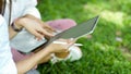 Female college student and a friend watching a funny video on a digital tablet at park