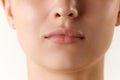 Cropped image of female face, lips and nose over white background. Lip augmentation and anti-wrinkle fillers