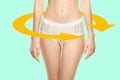 Cropped image of female slim body, belly with drawing arrows. ÃÂ¡aring for women& x27;s health. Collage Royalty Free Stock Photo