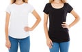 Cropped image front view woman in white and black t-shirt isolated, set t shirt