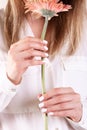 Cropped image of a girl in jeans and a T-shirt holding a red flower in her hands with a manicure on a white background Royalty Free Stock Photo