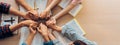 Group of people praying together while holding hand. Top view. Burgeoning. Royalty Free Stock Photo