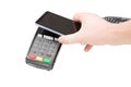 Cropped image hand man making payment with smartphone using NFC technology Royalty Free Stock Photo